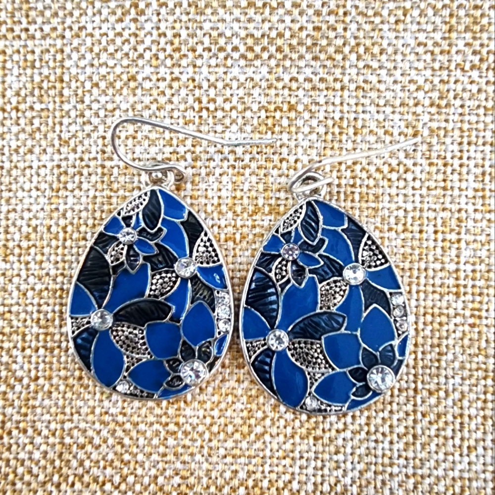 Blue Sparkle Floral Dangle Earrings